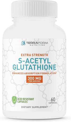 TerraForm Nutrition Extra Strength S-Acetyl Glutathione 300mg ? 60 Acid-Resistant Capsules - Premium Glutathione Supplement - Highly Bioavailable &amp Stable Form SAG Supplement ? Made in USA