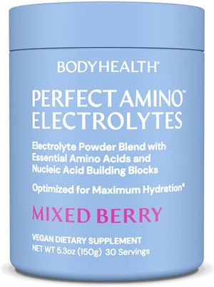BodyHealth PerfectAmino Electrolytes Powder No Sugar, Keto Sugar Free Fasting Electrolytes Drink Mix, Hydration Powder with Trace Minerals - Mixed Berry - 30 Servings
