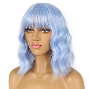 Short Bob Wigs with Bangs for Women Loose Wavy Wig Curly Wavy Shoulder Length Bob Synthetic Cosplay Wig for Girl Colorful Costume Wigs (Light Blue)