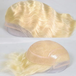 Men's Toupee 10¡¿8 European Virgin Human Hair Toupee Hair pieces for Men Thin Skin Hair Replacement System Lace Front+ Mono Net with PU around Base for Men (#613 color)