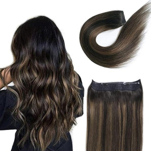 RECOOL Wire Hair Extensions Real Human Hair Balayage Natural Black with Chestnut Brown Remy Hair Extensions Invisible Wire Hair Extension Straight Clip in Hair Extension(18 inch)