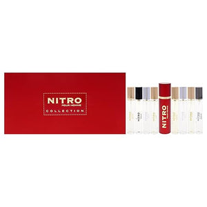 Nitro Collection by Dumont for Men ? 9pc Mini Gift Set: 8 x 0.34oz EDP Vials (Black, Green, Intense, Platinum, Red, White, Blue, Nitro Pour Homme) + Travel Spray Case