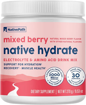 NativePath Native Hydrate Zero Sugar Electrolytes Powder with BCAAs Mixed Berry Hydration Keto &amp Paleo Friendly 30 Servings