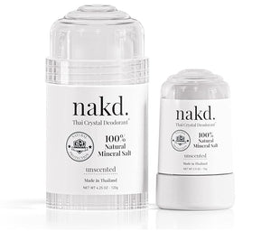 nakd. Thai Crystal Deodorant Stone ? 2 Salt Crystal Deodorant Sticks, 4.25 oz. Regular + 2.5 oz. Travel Size ? All Natural Unscented and Aluminum Free for Women &amp; Men