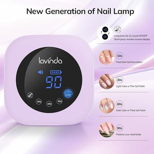 Lavinda LED Nail Lamp 54W Rechargeable Cordless UV Nail Light, Professional Gel Nail Lamp with Timer Display, Fast Drying UV Lamp for Gel Nails, Matte Macaron Purple Nail Dryer for Salon &amp; Home