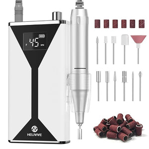 Professional Electric Nail Drill 45000RPM (Portable &amp Rechargeable) (with 11 Drill Bits ) Cordless Nail File Machine for Shaping Polishing &amp Removing Gel Nails for Salon Home (White)