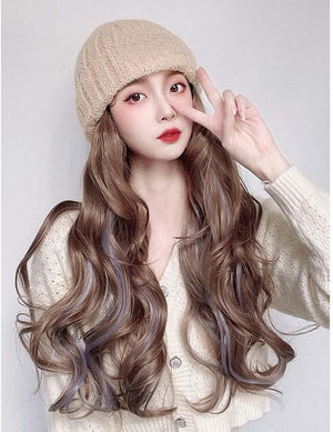 Woman Wig Winter Beanie Hat Wig Extension Long Wavy Curly Wig with Plush Knitted Hat Warm Wig