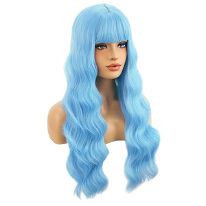 BERON Blue Long Wigs Curly Wavy Womens Wigs with Bangs Light Blue Colored Heat Resistant Synthetic Wigs for Cosplay or Daily Wigs Wig Cap Included