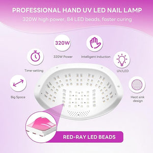 320W UV LED Nail Lamp, Professional UV Nail Dryer Light with 84Pcs LED Beads, Fast Gel Curing 4 Timer Setting Auto Sensor, Portable Handle Gel Polish for Salon and Home Nail Art Tools