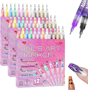 12 Colors Nail Art Pens Set for Painting Nails, 0.5 MM Nail Art Markers Fine Tip Polish Pens for 3D Nail Art, Nail Design Tools Gel Nails Doodle Pens for Drawing Point Liner (A- 3 Sets)