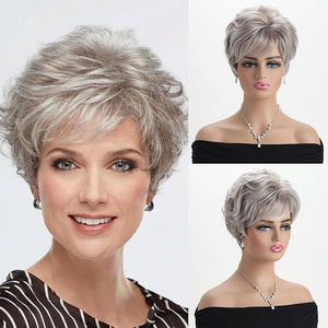 Short Curly Grey Wigs Human Hair Mixed Synthetic Fluffy Natural Looking for Women Daily Use Heat Resistant