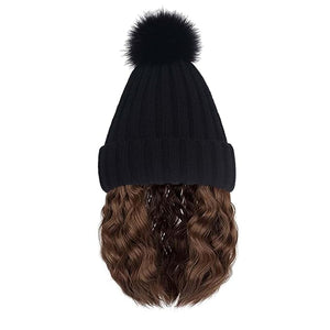 Beanie Hat Wig Winter Warm Knitted Black Beanie Hat with bob Curly Wavy Hair Extension Synthetic Hairpiece hat Wig