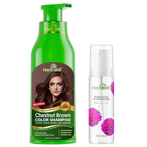 Herbishh Chestnut Brown Hair Color Shampoo - 3-In-1 Magic Dye for Gray Hair 500 Ml + Essential Flower Hair Oil - Organic Formula for Dry Damaged Hair 60 ML