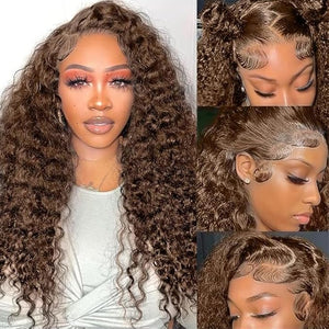 Anderah Chocolate Brown Deep Wave Lace Front Wigs Human Hair 200 Density 13x6 HD Lace Frontal Wigs Curly Human Hair Wig For Women Pre Plucked with Natural Hairline 4# Brown Color (24inch)