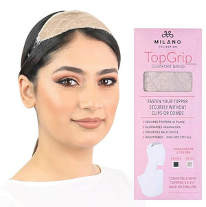 MILANO COLLECTION Glueless Top Grip for Hair Topper &amp Wiglets Adjustable Translucent Strap with Side Openings Top Headband for Your Wig or Topper Includes Clips Beige Small