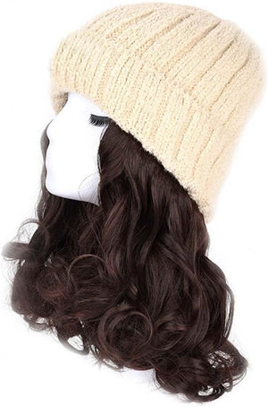 Woman Wig Winter Beanie Hat Wig Extension Long Wavy Curly Wig with Plush Knitted Hat Warm Wig