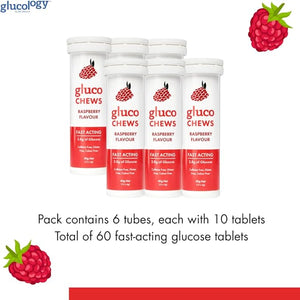 Glucochews Raspberry Glucose Tablets ? 60 Tablets (10 per Tube 6 Pocket-Sized Tubes) ? 3.8g Fast-Acting Glucose Each ? Boosts Energy ? Gluten-Free Fat-Free Caffeine-Free