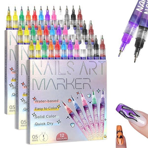 12 Colors Nail Art Pens Set, 2026 New Nail Art Markers for Gel Nails, 3D Nail Polish Markers Quick Dry Dotting Point Liner Pens Acrylic Paint Pens for Drawing Painting DIY Nail Art (3 Set)