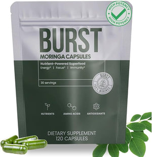 Burst 100% Organic Moringa Capsules ? Supports Energy Immunity &amp Vitality | Pure Moringa Oleifera Supplement | Rich in Vitamins Protein &amp Antioxidants | Vegan Non-GMO - 120 Capsules