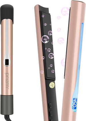 Prizm Professional 1 Hair Straightener and Curler 2 in 1 Ceramic Tourmaline Flat Curling Iron with 11 Adjustable Temperatures for More Hair Types Dual Voltage for Travel LCD Light Display Gold