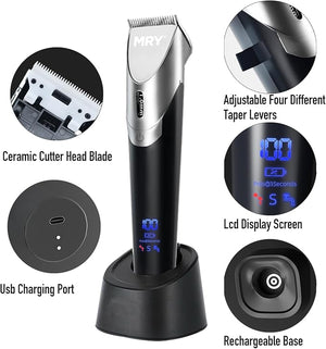 MRY Ceramic Cutter Cordless Men's Barber Women's Professional Waterproof LCD Hair Clippers USB Rechargeable (Black with Silver Color)