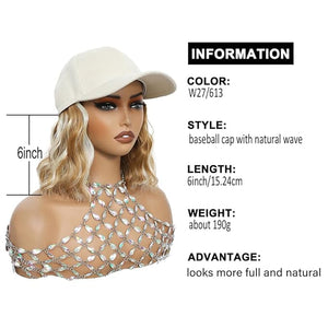 GUOJIAN Hat Wigs for Women 6' Short Wave Baseball Cap Wigs with Curly Hair Extensions Synthetic Wave Wig Adjustable Hat with Hair Attached for Daily Use (W27/613, 6inch)