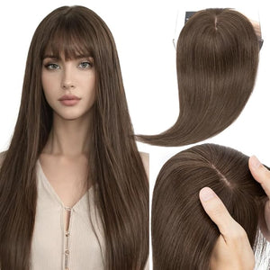 Elailite Hair Toppers for Women Real Human Hair Topper with Bangs Thinning Thin 5.1"x2.8" Silk Base Clip in Remy Hairpieces 14 Inch Medium Brown