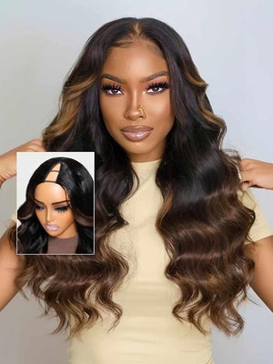 Beauty Forever V Part Wig Human Hair Black to Chestnut Brown Ombre Body Wave Wig Upgrade U Part Wigs Glueless Full Head Clip In V Shape Wigs No Leave Out None Lace Front Wig 150% Density 22inch