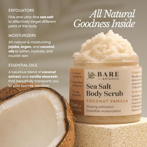 Bare Botanics Coconut Vanilla Body Scrub 24oz | Made in Madison WI | All Natural Sea Salt Exfoliator w/ Skin Loving Moisturizers | Vegan &amp Cruelty Free | Gift Ready Packaging w/ a Cute Wooden Spo
