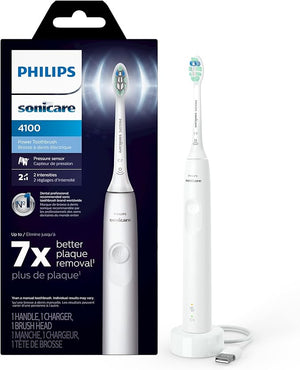 Philips Sonicare 4100 Rechargeable Electric Toothbrush with Pressure Sensor 2 Intensity Settings SmarTimer and QuadPacer 14-Day Battery Life White Model HX3681/23