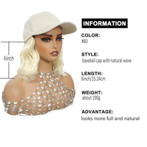 GUOJIAN Hat Wigs for Women 6' Short Wave Baseball Cap Wigs with Curly Hair Extensions Synthetic Wave Wig Adjustable Hat with Hair Attached for Daily Use (W60 6inch)