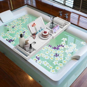 Zhuoyue Bamboo Bathtub Tray Expandable Premium Bath Tray for Luxury Bathroom Adjustable Bath Accessories for Tub with Soap Towel Book Holder Extendable 29.5-43.3 White