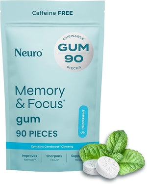 Neuro Memory &amp Focus Gum - Nootropic Gum with Vitamin B12 Vitamin B6 L-Theanine &amp Ginseng Extract - Natural Brain Support Supplement - Vegan Caffeine &amp Sugar Free Chews - Peppermint 90