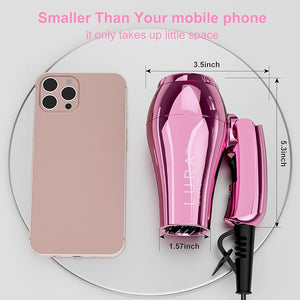 LURA Mini Portable Travel Hair Dryer:Dual Voltage Small Lightweight Blow Dryer with EU Plug1200W Compact Hairdryer with Folding Handlewith Concentrator&ampDiffuser Attachmentfor Women and Men