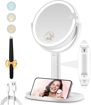 Makeup Mirror with Lights, Double Sided 1x/30x Magnifying Mirror with Light, Rechargeable 3 Color Lights and Adjustable Brightness, 360¡Æ Rotation Detachable Comes with Tweezer(White)