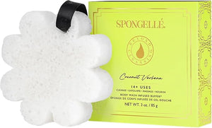 Spongelle Wild Flower Buffer Body Scrubber with Box | Bath &amp Shower Loofah for Women | Exfoliator with Body Wash Infused | 14+ uses (Coconut Verbena Grapefruit Cassis Freesia Pear)