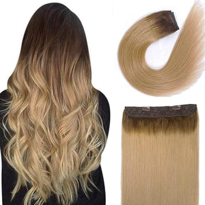 RECOOL Wire Hair Extensions Real Human Hair Balayage Chocolate Brown to Caramel Blonde Remy Hair Extensions Invisible Wire Hair Extension Straight Clip in Hair Extension(16 inch)
