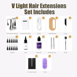 V Light hair extensions kit Professional Hair Extensions Installation Kit V light machine*1 V light hair removal tool*1 v light hair extensions glue*6 glue remover *6. (white machine set)
