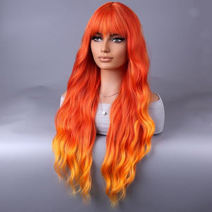 BERON Orange Wigs Women Long Wavy Flame Fire Colored Wig with Bangs 26 Inches Curly Synthetic for Cosplay Party Wigs Wig Cap Included