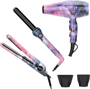 PARWIN PRO BEAUTY Hair Styling Set - 1875w Professional Hair Dryer - 1 Inch Titanium Curling Iron- 1 Inch Anti-Static Hair Straightener- Negative Ionic Technology - Pack of 3 for All Hair Types