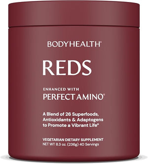 BodyHealth Reds Enhanced with PerfectAmino - Daily Superfood Smoothie Powder with Antioxidants Adaptogens Phytonutrients Fruit Prebiotics Probiotics Fiber and Protein - 40 Servings