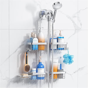 Aluminum Alloy Hanging Shower Caddy for Handheld Shower HeadsRustproof Hose Shower Organizer 4 Levels Height Adjustable Shower Rack with HooksRazor HolderSoap Holder