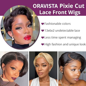 Side Part Black Human Hair Pixie Wigs HD Lace Front with Swept Bangs Short Curly Natural Color Glueless Cap for Women (Black,6 Inch)