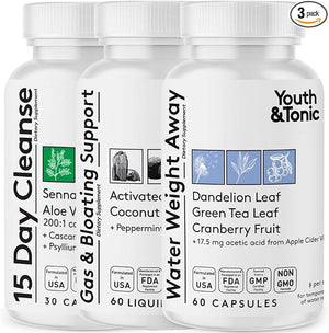 Youth &amp; Tonic 3X Belly Bloating Pills for Puffiness, Water Debloat, Stomach, Gut &amp; Colon Cleanse Detox | with Liquid Activated Charcoal, Coconut &amp; Peppermint Oil, Senna Leaf &amp; More | 1