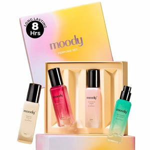 Moo.dy Long-Lasting Per.fume Set 8 Hours Duration 4 Fragrances Gift Box with Tropical Vanilla White Musk and Rose 20ml Each Alcohol-Free Roll-on 4x20ml