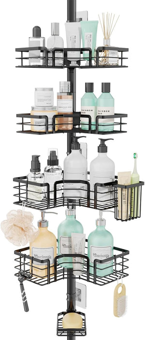 SWTYMIKI Shower Caddy Tension Pole - 4-Tier Corner Shower Organizer Tension Rod with Soap Holder Toothbrush Holder &amp 4 Hooks Adjustable Stainless Steel Bathroom Organizer 27.6 to 108.3 inch Bla