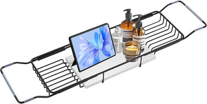 BVL Bathtub Tray Stainless Steel with Marble Base Matte Black Bathtub Tray with White Marble Base Adjustable &amp Rustproof Bath Caddy for Spa Relaxation Bath Bombs