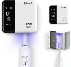 UV Toothbrush Sanitizer Holder &amp; Cleaner with LED Clock Display &amp; Hot Air Drying ? Wall-Mounted UV Tooth Brush Holder for Bathroom Decor, Travel Use, Rechargeable Portable Design, Fits All Bru