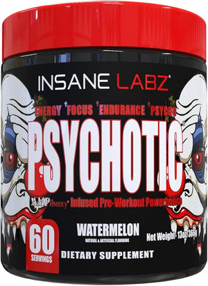 Insane Labz Psychotic High Stimulant Pre Workout Powder Extreme Lasting Energy Focus and Endurance with Beta Alanine Creatine Monohydrate DMAE 60 Srvgs Watermelon