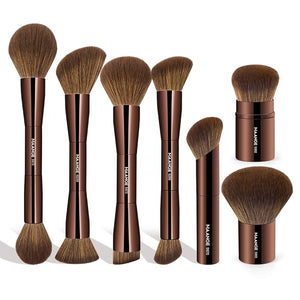 MAANGE 7pcs Makeup Brush Set Double Sided Kabuki Makeup Brushes Contour Brush for Foundation Liquid Powder Concealer Cream Cosmetics Bronzer Blending Blush Buffing Makeup Tools (Brown)